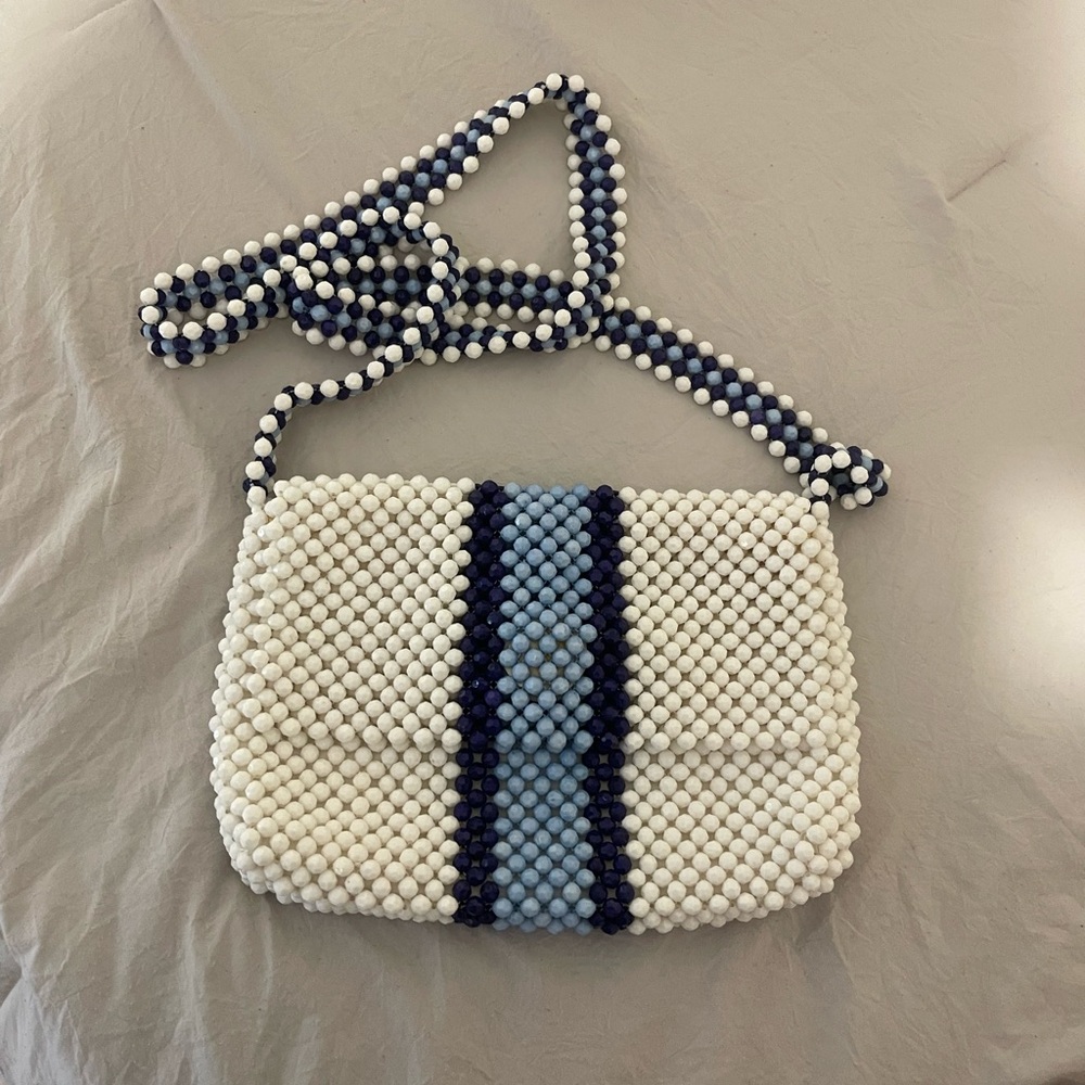 White and Blue Beaded Crossbody Bag